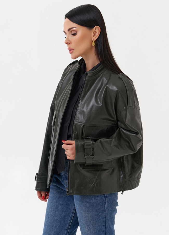 Женская кожаная куртка зеленого цвета модель № 77871 универмаг малина