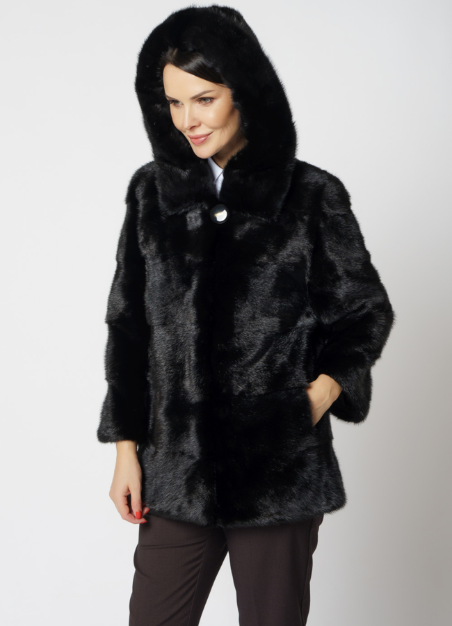 Укороченная норковая шуба черного цвета 2 в 1 модель № 25396 универмаг малина