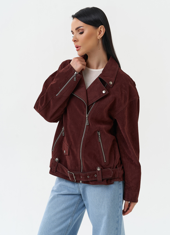 Куртка косуха из эко замши бордового цвета модель № 30374 универмаг малина