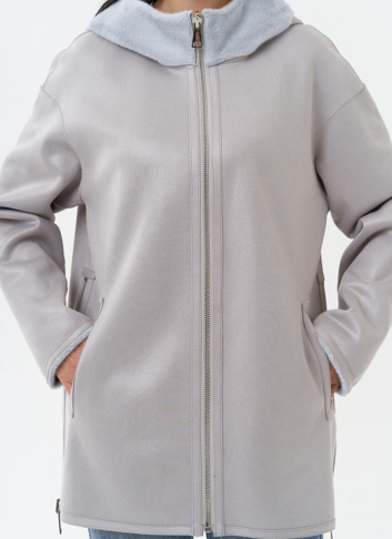 Двухсторонняя дубленка из эко замши с капюшоном