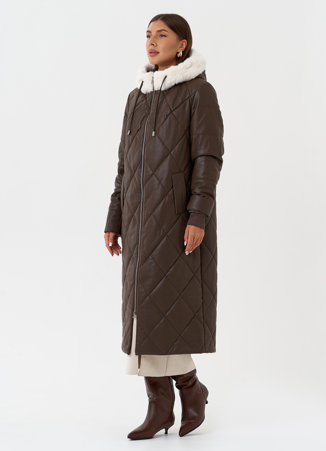 Пуховик из эко кожи с капюшоном модель № 27730 в рассрочку