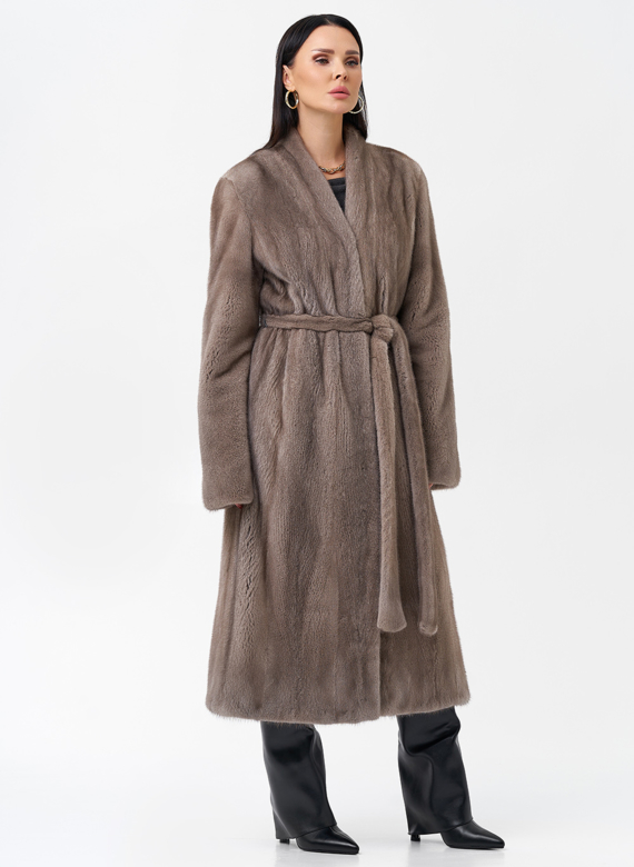 Длинная шуба из норки с поясом