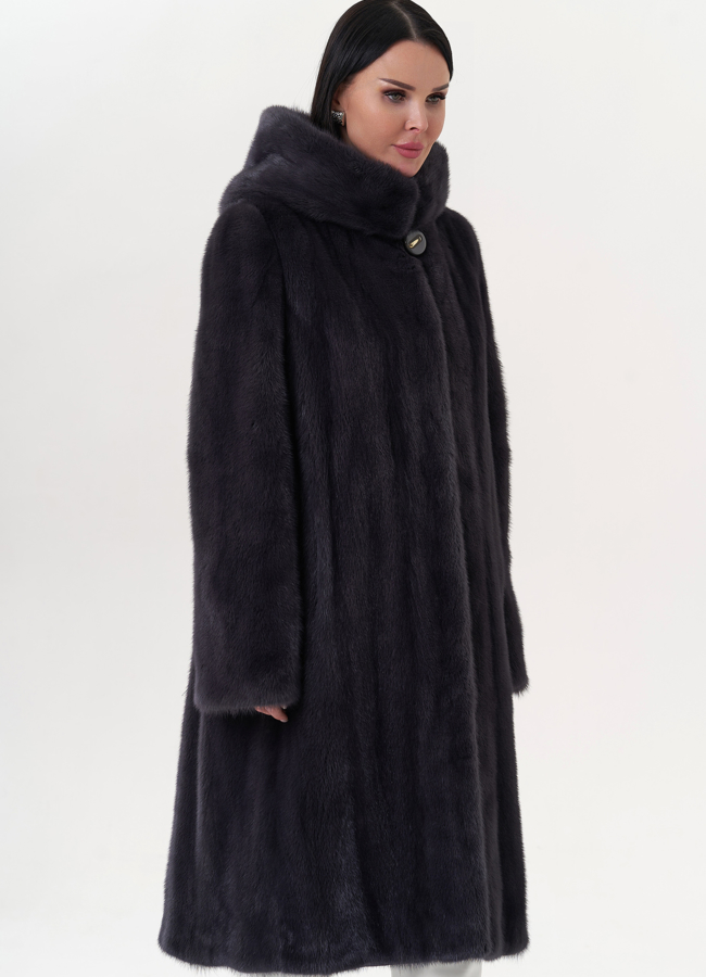 Шуба из норки классическая с капюшоном цвете графит модель № 24816 в рассрочку