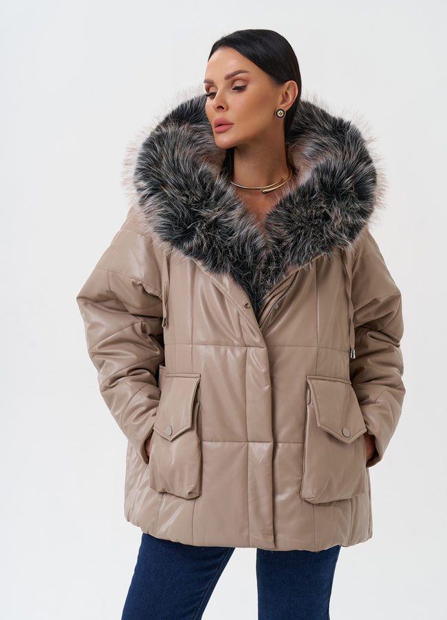 Пуховик из эко кожи с капюшоном из эко меха  модель № 27706 универмаг малина