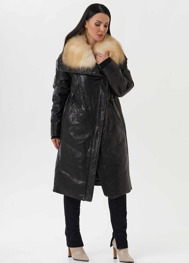 Женский кожаный пуховик с отделкой из меха лисы модель № 28110 в рассрочку