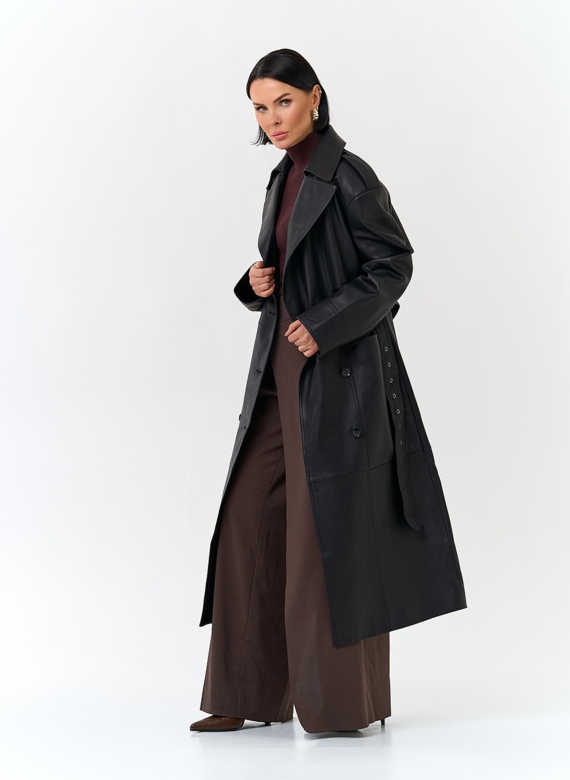 Женский плащ из натуральной кожи с поясом