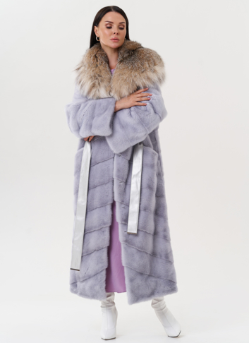 Женская норковая шуба с капюшоном из меха рыси