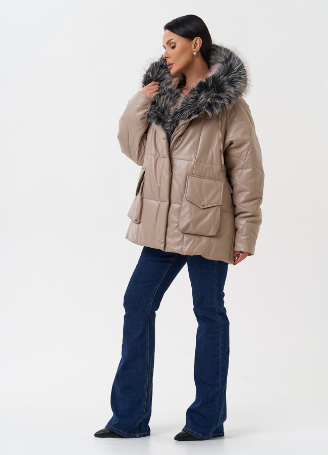 Пуховик из эко кожи с капюшоном из эко меха  модель № 27706 в рассрочку