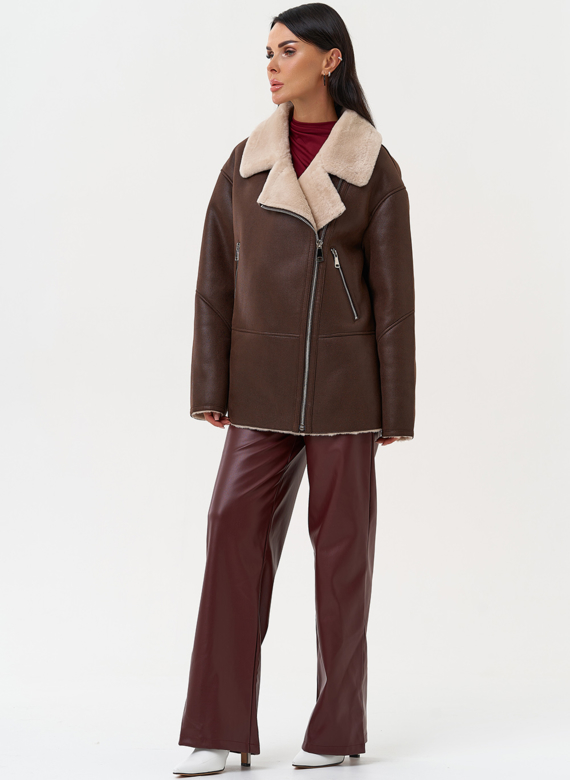 Женская дубленка из эко замши с воротником