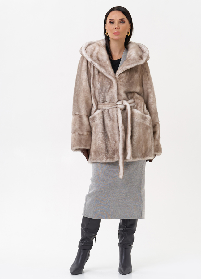 фото Норковая шуба с капюшоном  модель № 29521