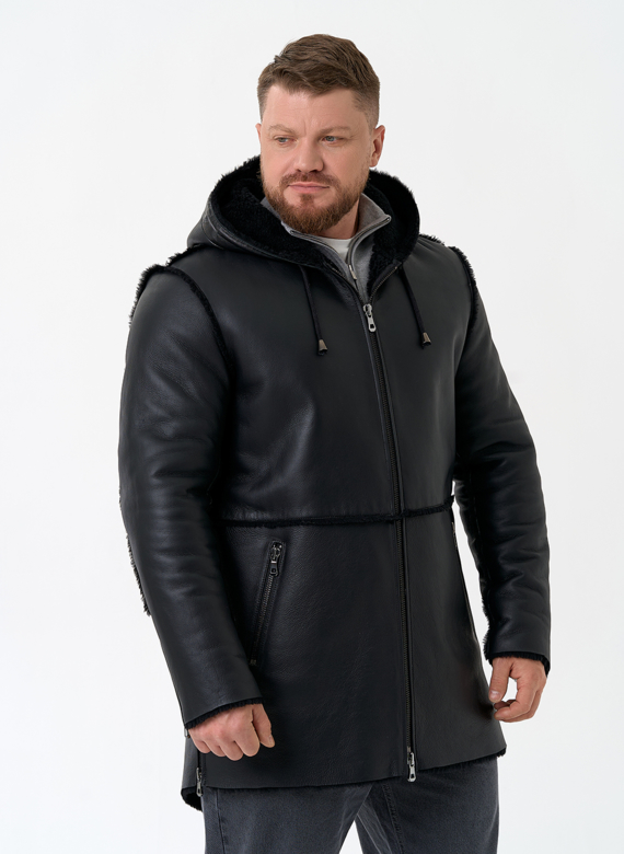 Мужская натуральная дубленка с капюшоном