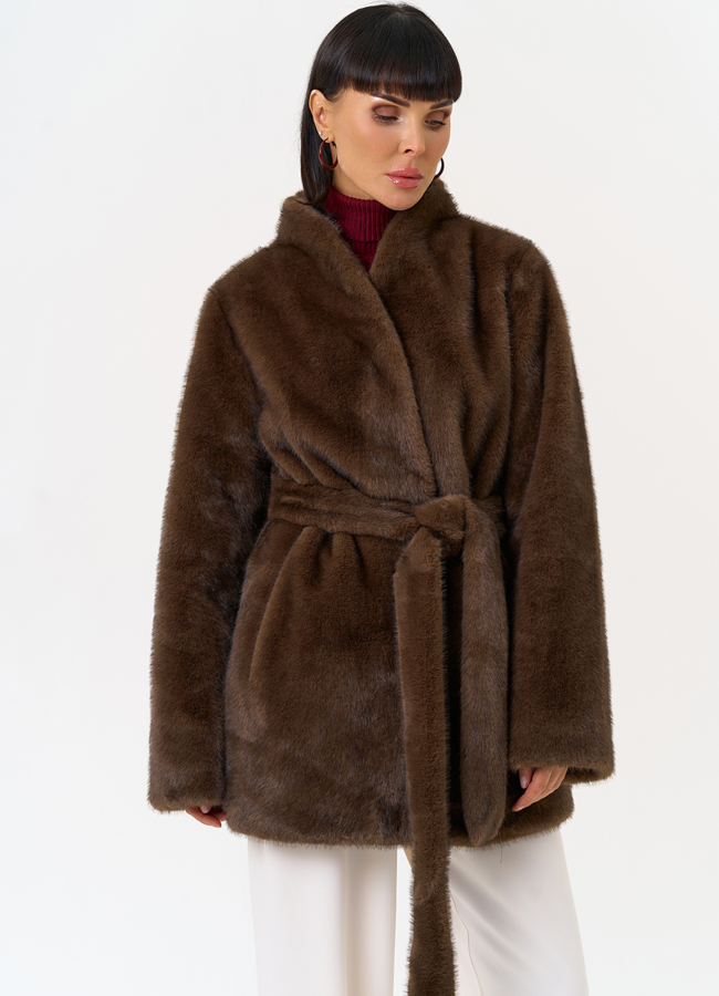 Женская шуба из эко меха с поясом модель № 31252 универмаг малина