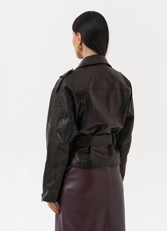 Женская кожаная куртка с поясом модель № 29916 в кредит