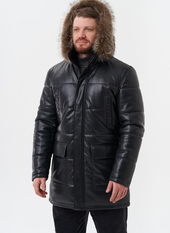 Пуховик из эко кожи с капюшоном из меха енота