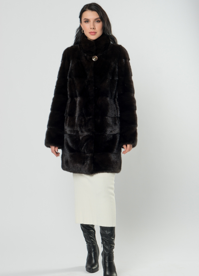 фото Поперечная шуба из норки модель № 25892