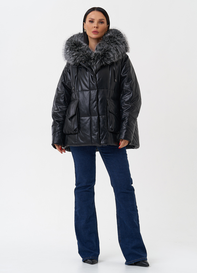 фото Пуховик из эко кожи с капюшоном из эко меха  модель № 27707