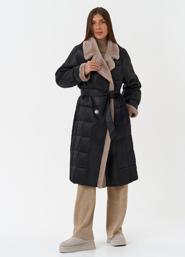 Комбинированный пуховик из эко кожи модель № 27736 в кредит