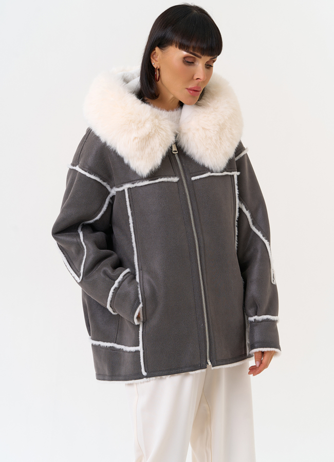 Женская дубленка из эко замши с капюшоном из эко меха модель № 31505 в кредит