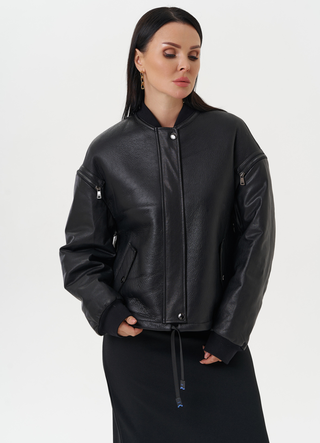 Кожаная дубленка с акцентными молниями модель № 28118 универмаг малина