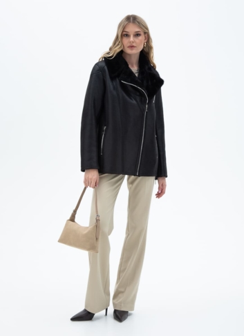 Женская дубленка из эко кожи с отделкой из эко меха