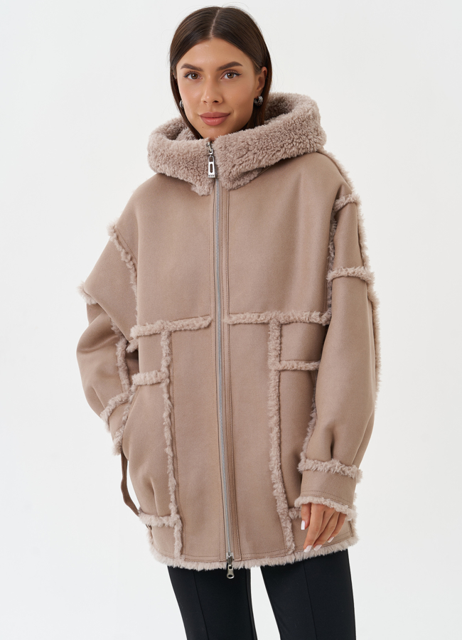 фото Двухсторонняя эко дубленка с капюшоном модель № 28651