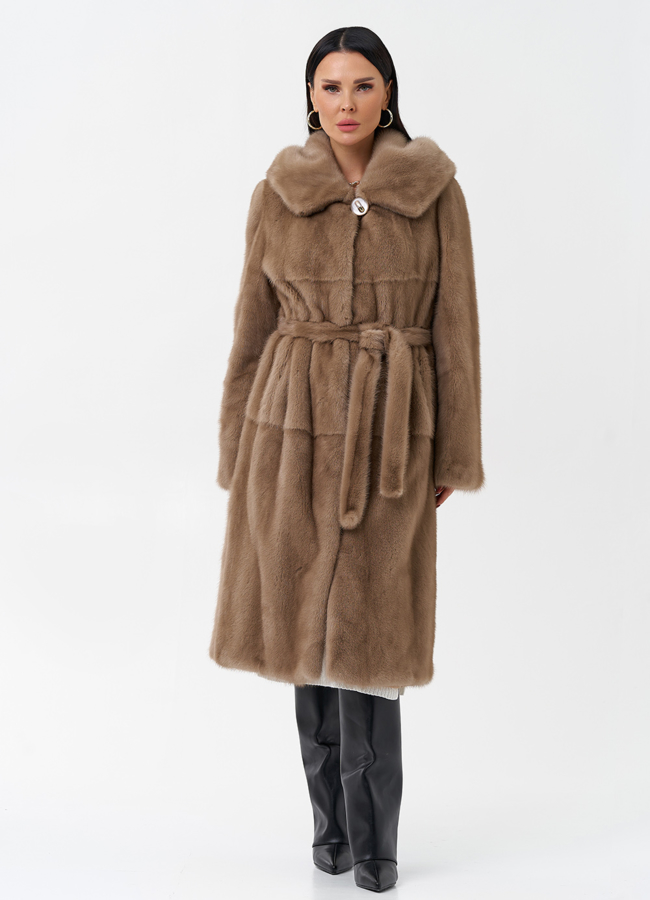 Длинная шуба с капюшоном  модель № 29229 меха малина