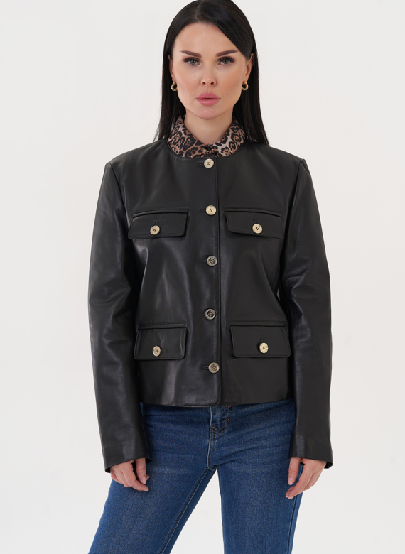 Жакет из натуральной кожи с акцентными пуговицами
