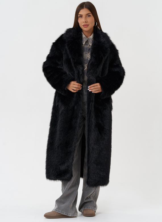 Длинное пальто из эко меха под песца