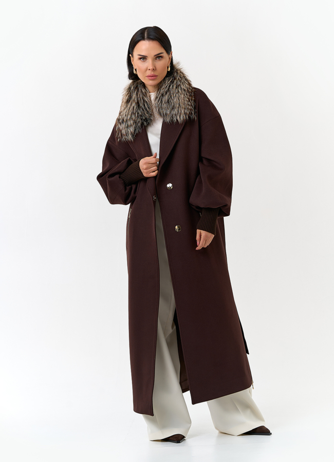 Женское длинное пальто с отделкой из меха лисы модель № 32857 универмаг малина
