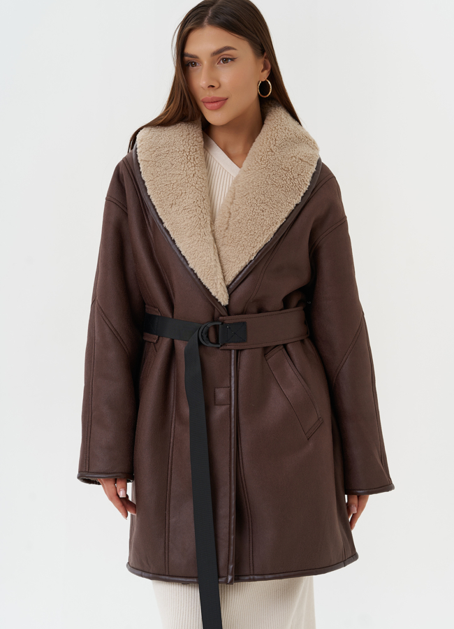 фото Женская дубленка из эко кожи с воротником шаль модель № 28526