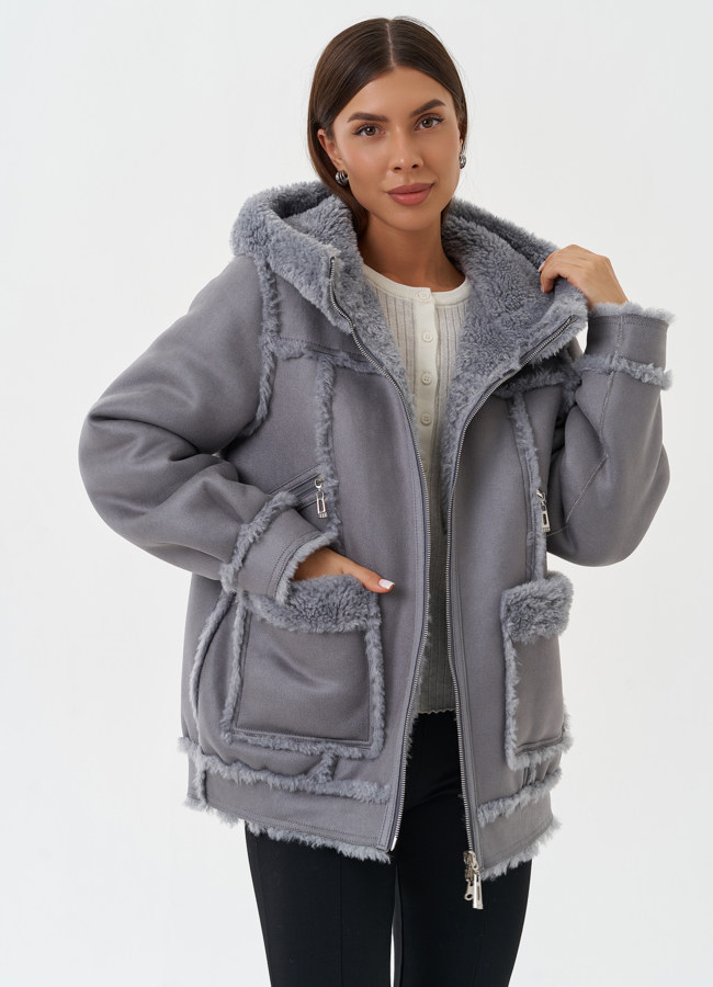 Женская двухсторонняя дубленка из эко кожи модель № 28650 универмаг малина