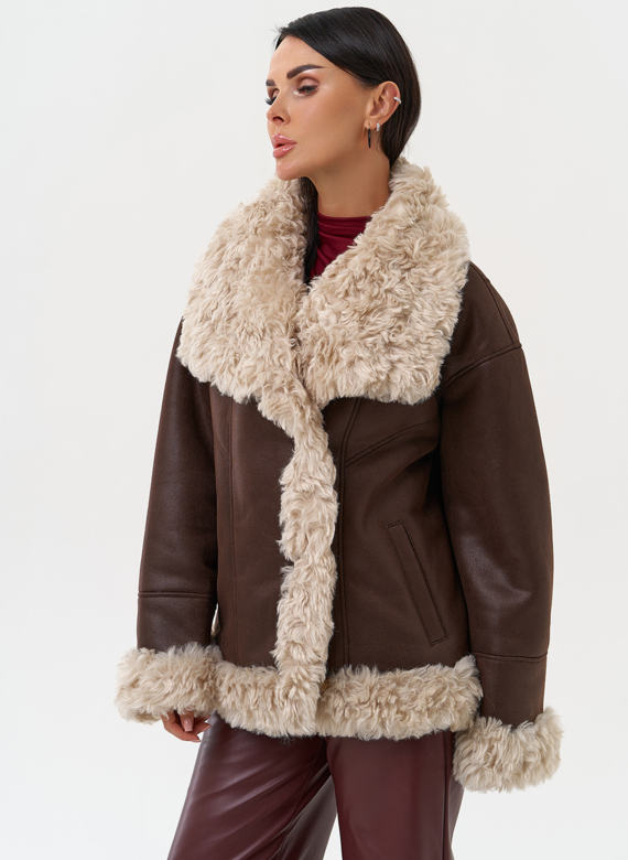 Дубленка из эко замши с высоким воротником