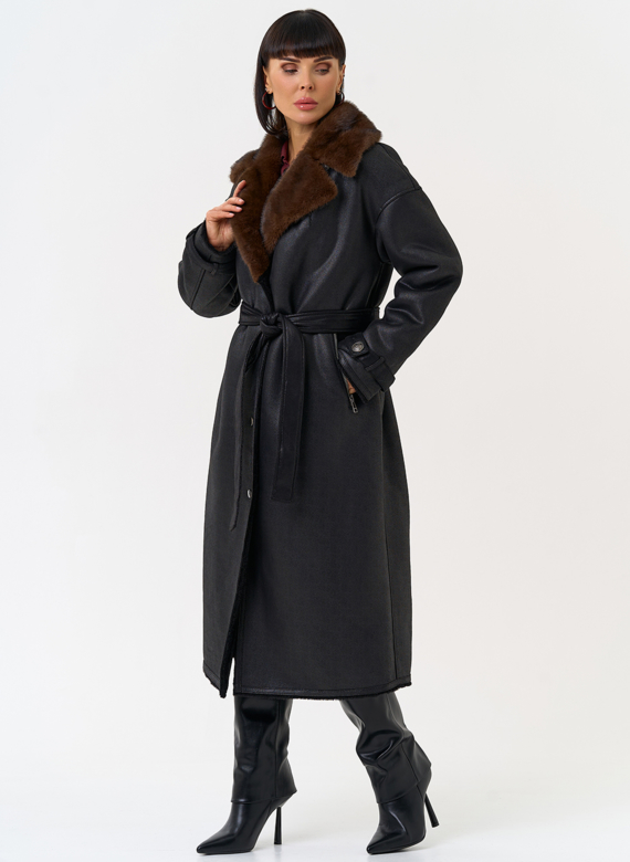 Женская дубленка из эко замши с английским воротником