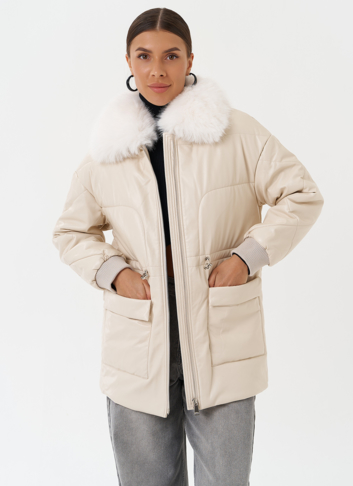 Пуховик из эко кожи с мехом песца