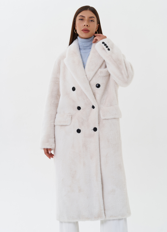 Двубортное пальто из эко меха модель № 27689 меха малина