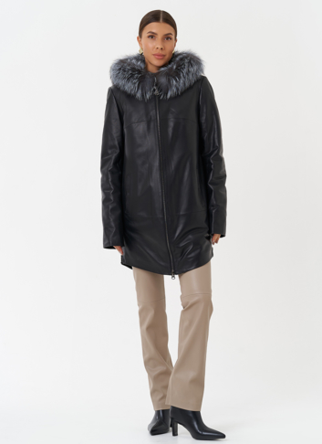 Утепленное полупальто из натуральной кожи с капюшоном 