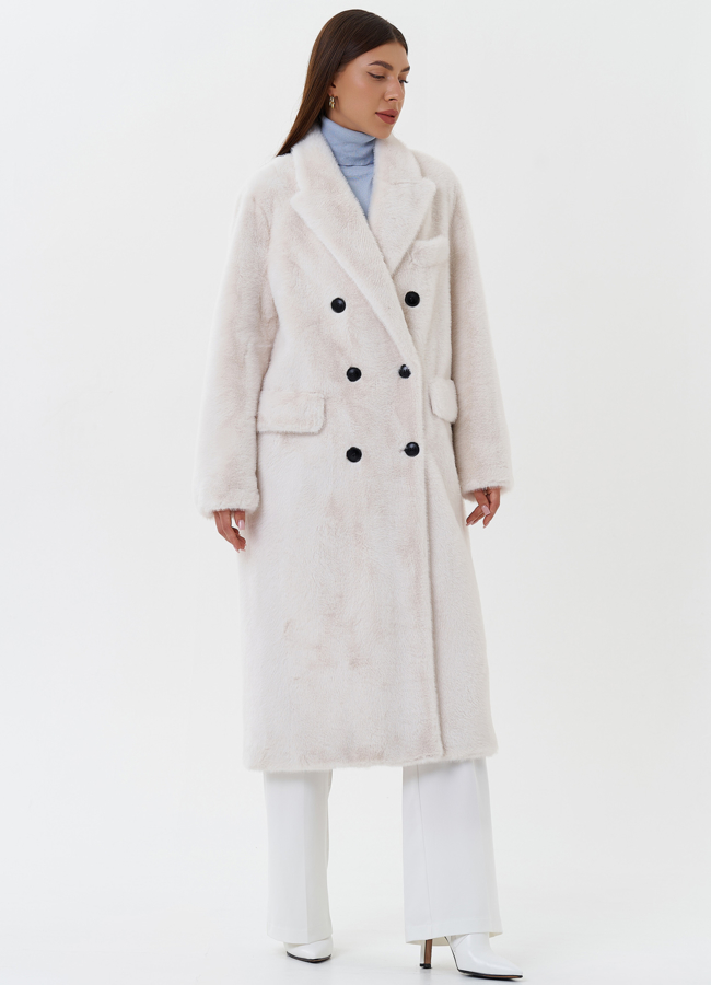 Двубортное пальто из эко меха модель № 27689 в кредит