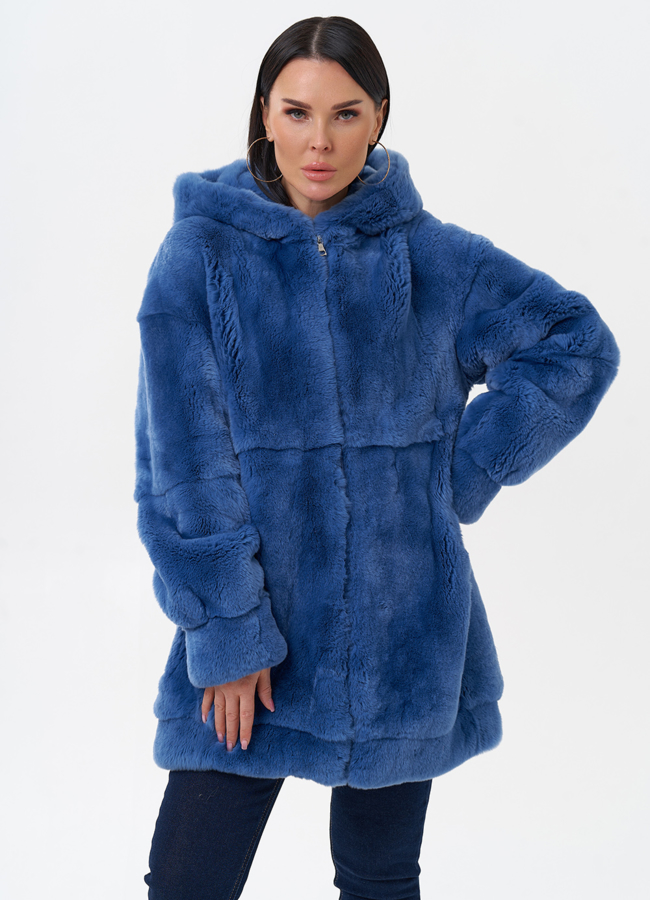 Шуба из меха кролика с капюшоном модель № 29402 меха малина