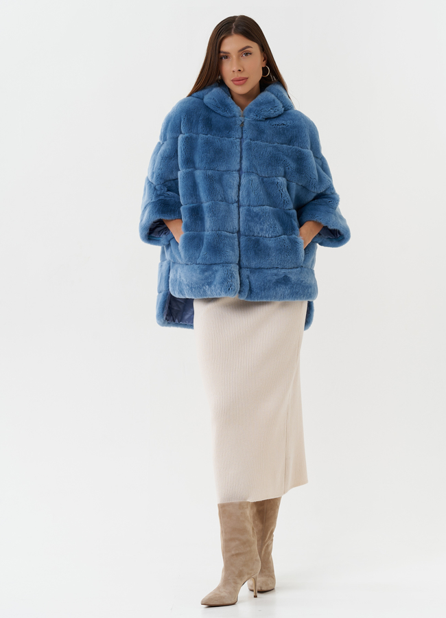 фото Короткая шуба из меха кролика с капюшоном модель № 25317