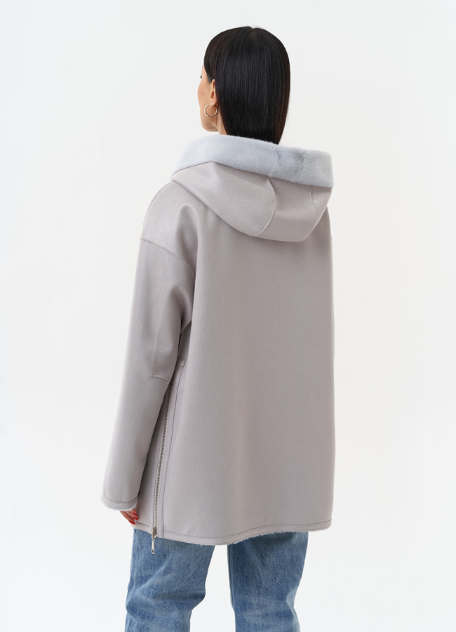 Двухсторонняя дубленка из эко замши с капюшоном модель № 29986 в рассрочку