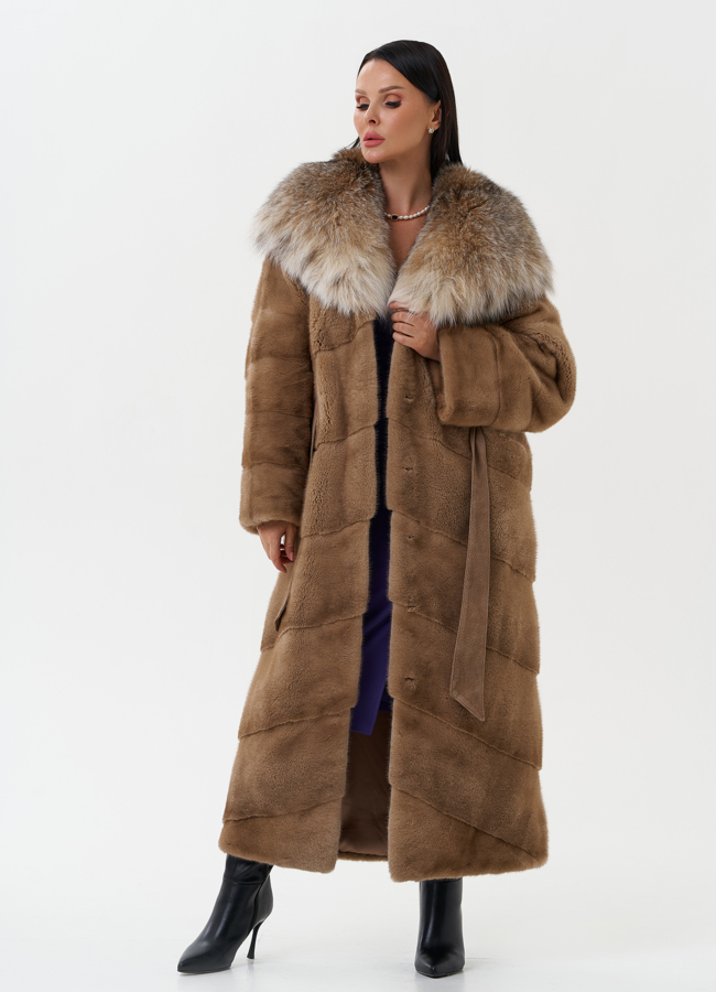 Длинная шуба из норки с капюшоном из рыси модель № 27844 универмаг малина