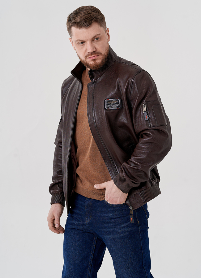 Мужская куртка из натуральной кожи  модель № 24392 меха малина