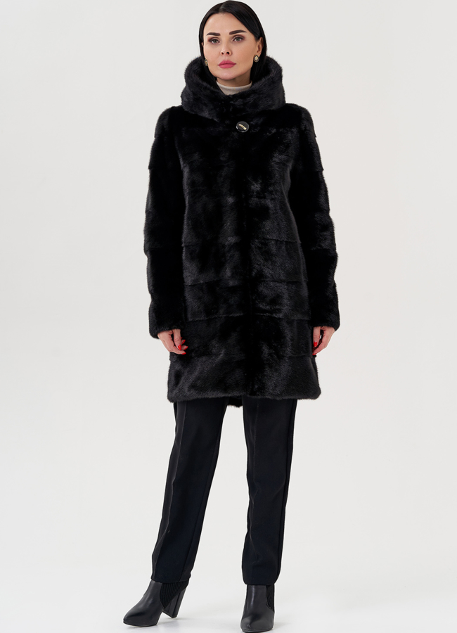 фото Шуба из норки с капюшоном черного цвета модель № 24727