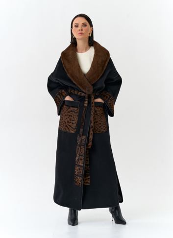 Женское длинное пальто с воротником из меха норки