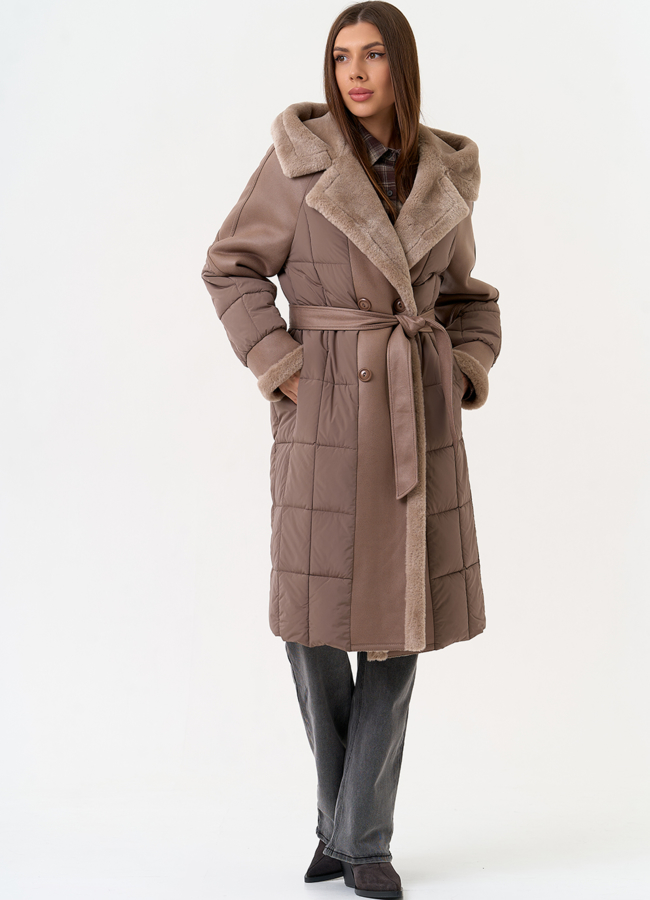 Комбинированный пуховик из эко кожи модель № 31693 меха малина