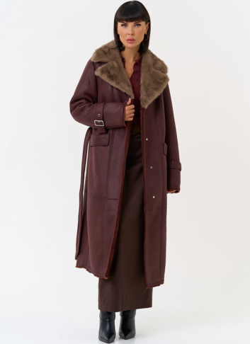 Женская дубленка из эко замши с английским воротником