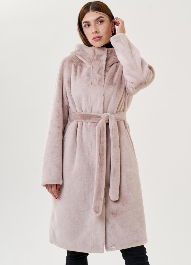 фото Двухстороннее пальто из эко меха с капюшоном модель № 25354