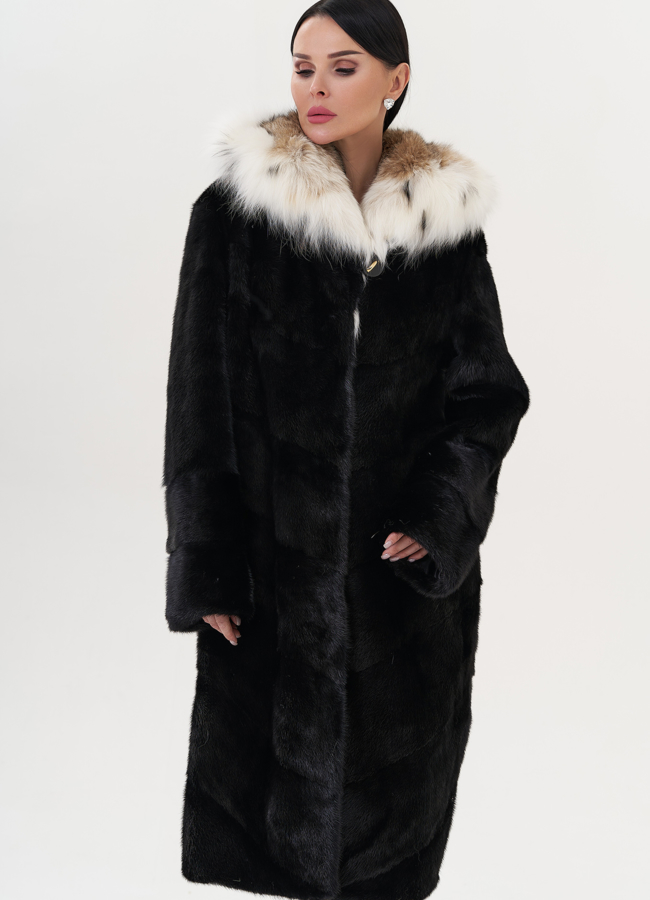 Норковая шуба черного цвета с рысью модель № 25004 меха малина