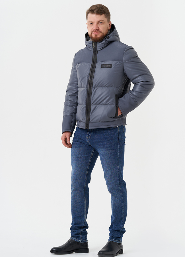 фото Пуховик из натуральной кожи с капюшоном модель № 28578