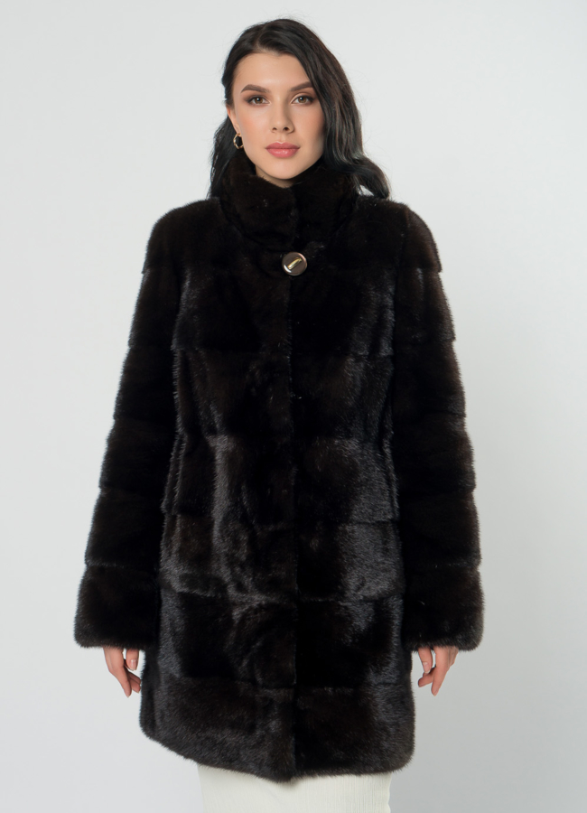 Поперечная шуба из норки модель № 25892 меха малина